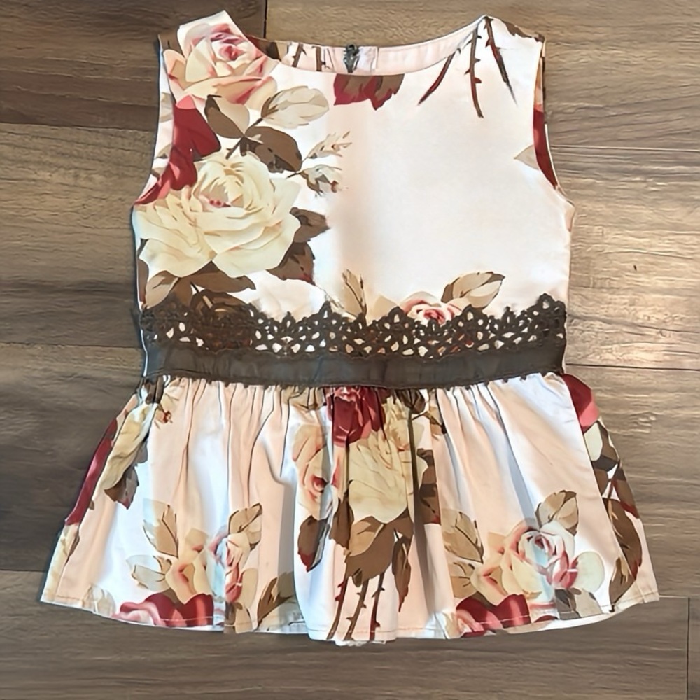 Persnickety Cream and Brown Floral Kids Peplum Tank Size 5T NWOT